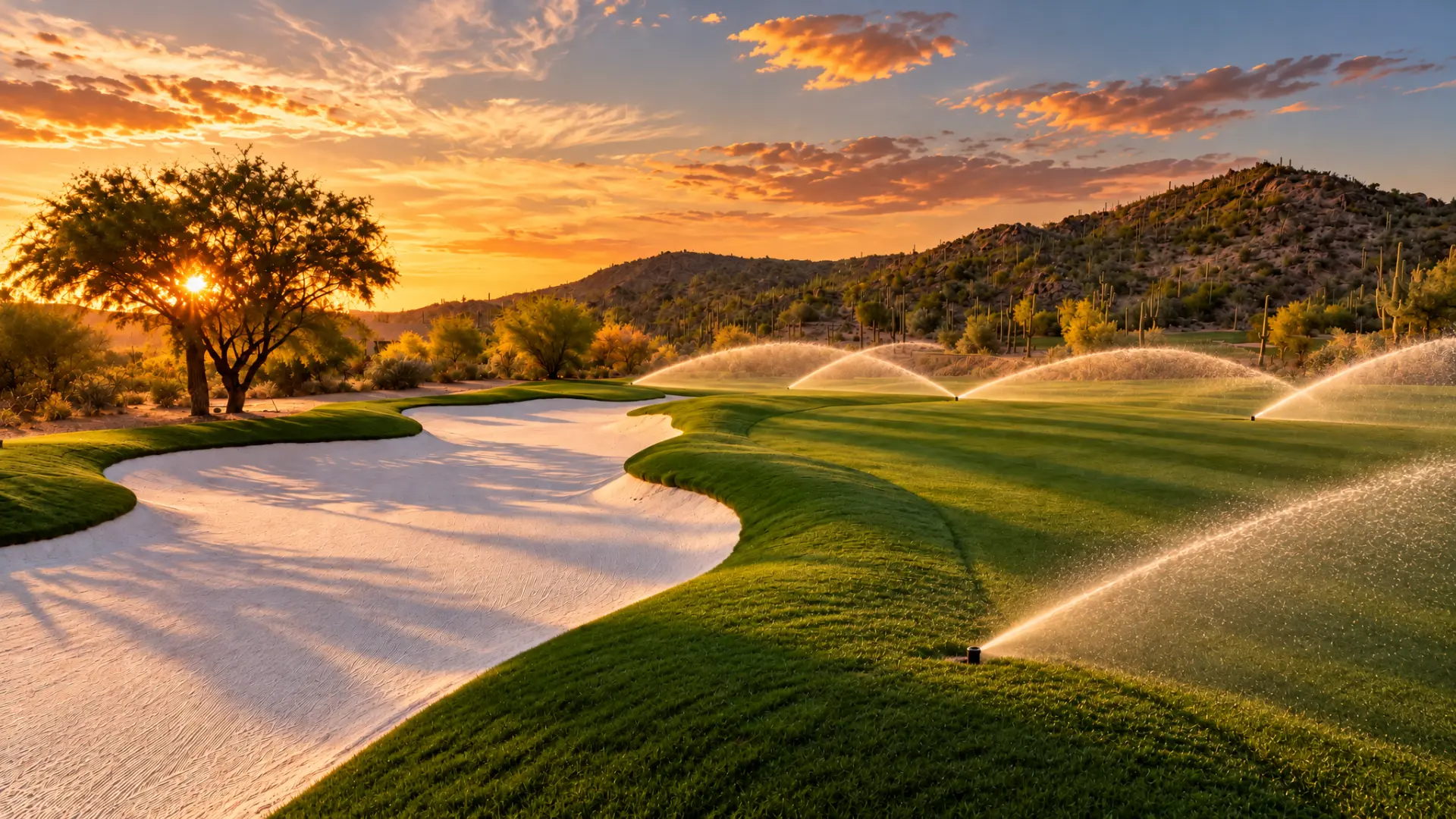 Golf course irrigation sprinklers watering greens at sunset
