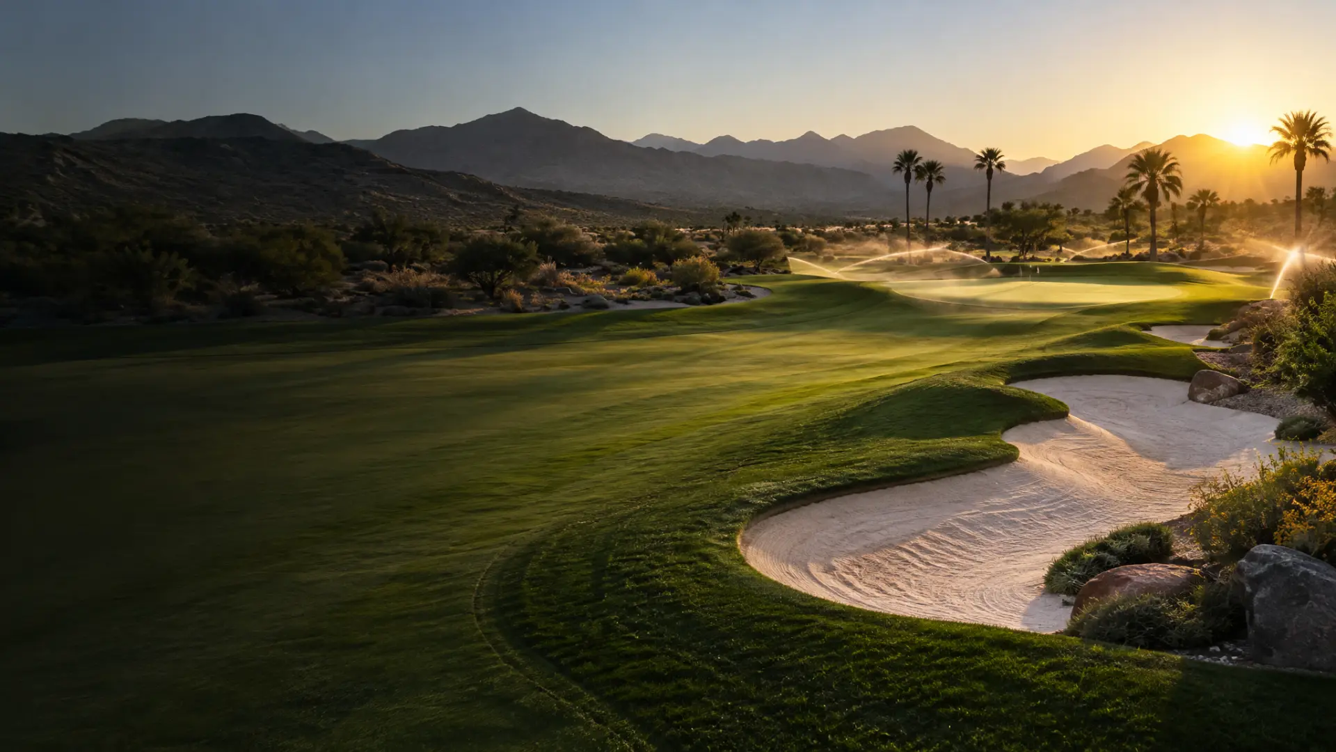 Golf course bunkers and greens at sunset in the Arizona desert