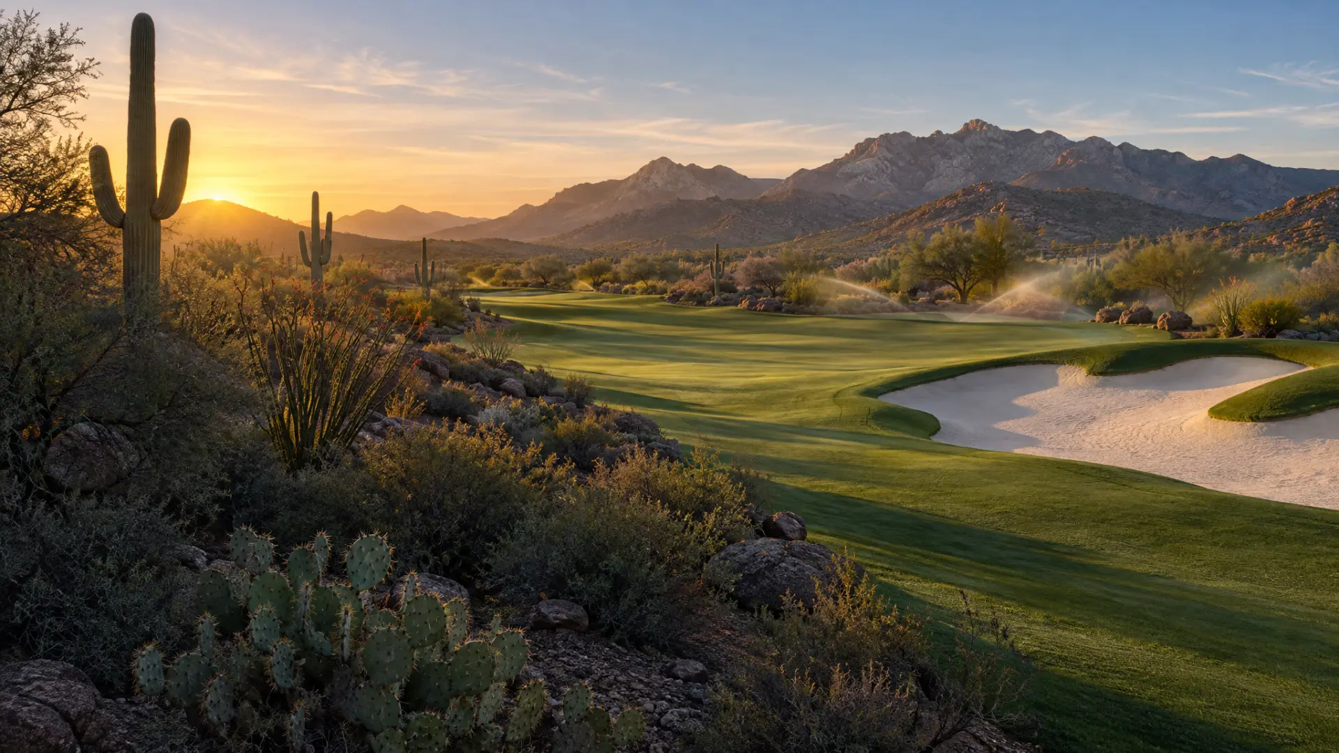 Desert golf course fairway at sunset with saguaro cacti