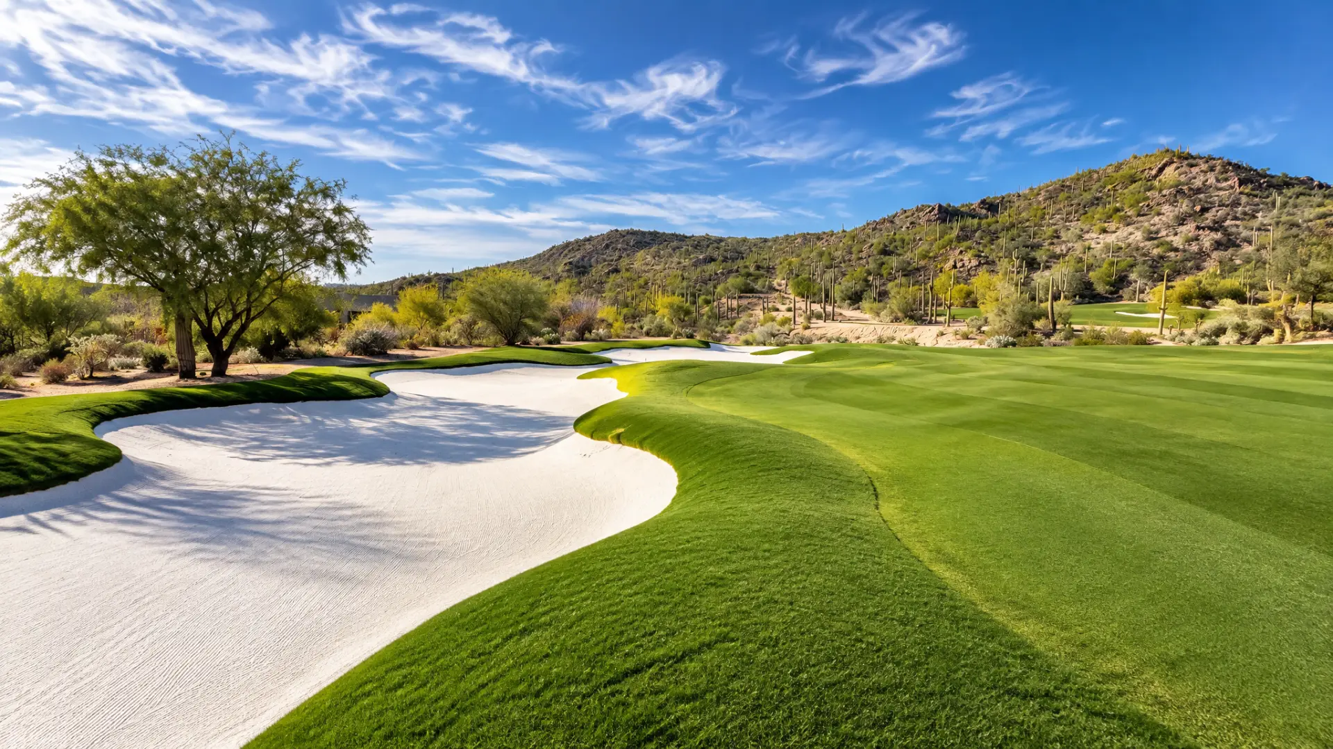 Golf course fairway with trimmed bunker edges under a blue sky
